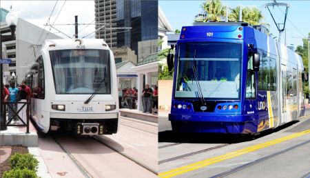 New-Start light rail transit (LRT) systems have proliferated in cities across USA while Austin urban rail planning has languished. LEFT: Norfolk's new LRT line opened in 2011. (Photo: D. Allen Covey.) RIGHT: Tucson's new SunLink streetcar opened in 2014. (Photo: Tyler Baker.)